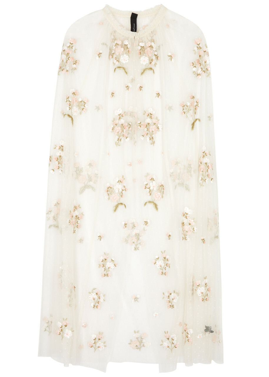 Needle & Thread Posy Floral-embroidered Tulle Cape Cream