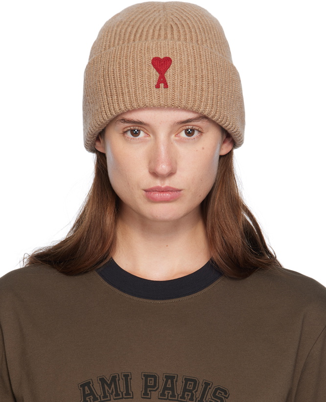 Photo: AMI Paris Tan Red Ami de Cœur Beanie