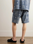 Monitaly - Wide-Leg Pleated Embroidered Cotton-Chambray Drawstring Shorts - Blue