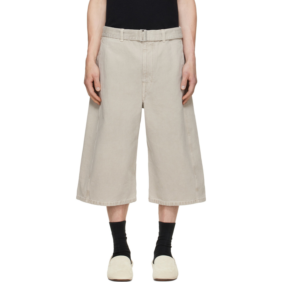 LEMAIRE Taupe Wide-Leg Belted Denim Shorts