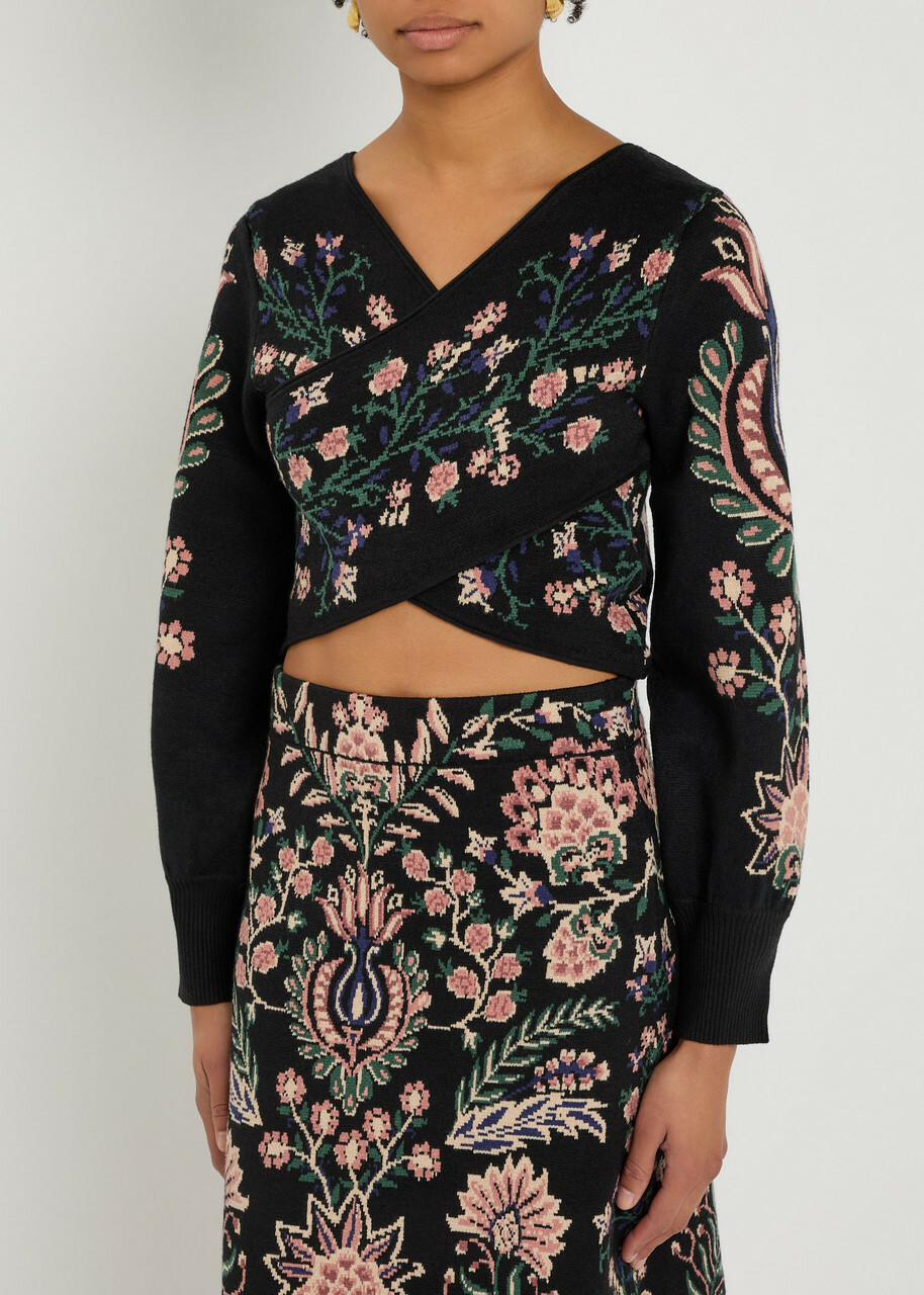 Farm Rio Marvelous Garden Floral-jacquard Knit Crop top Black