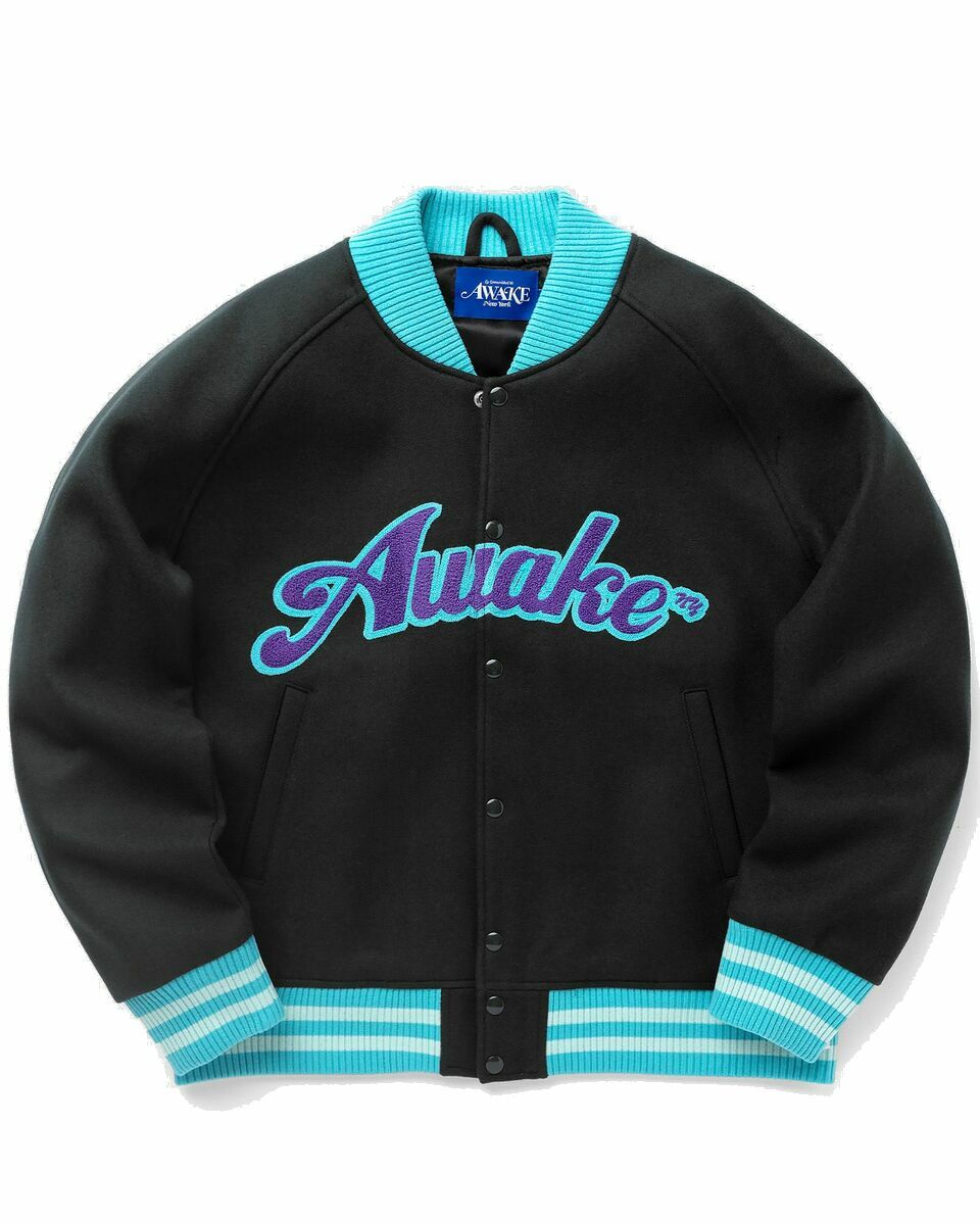 Photo: Awake Melton Wool Chenille Logo Varsity Jacket Black|Blue - Mens - College Jackets