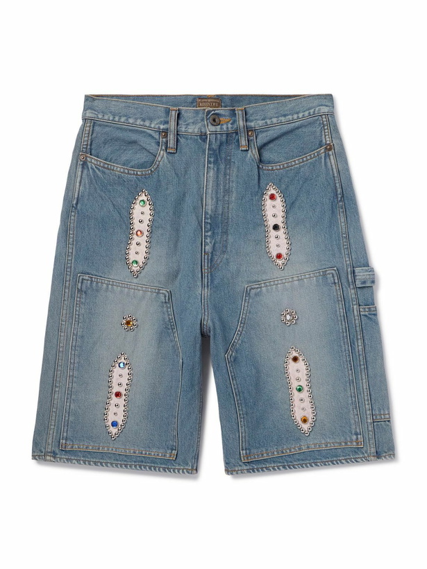 Photo: KAPITAL - Straight-Leg Leather-Trimmed Embellished Denim Shorts - Blue