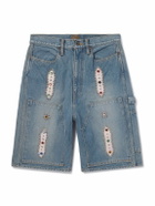 KAPITAL - Straight-Leg Leather-Trimmed Embellished Denim Shorts - Blue