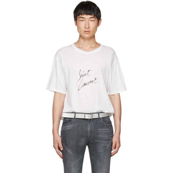 Photo: Saint Laurent White Signature Logo T-Shirt