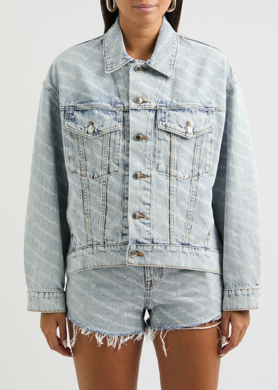 Alexanderwang.t Logo-print Bleached Denim Jacket Light Blue