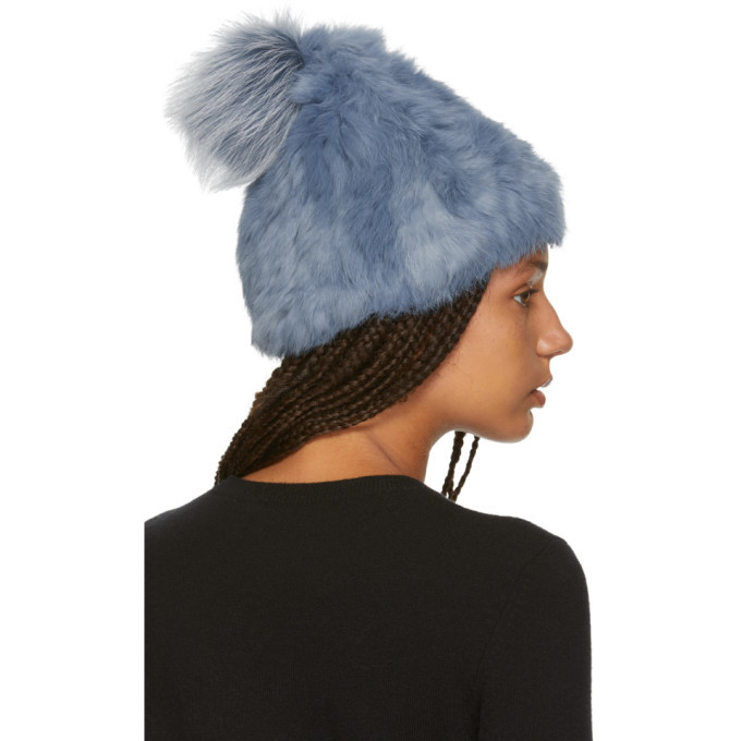 Yves Salomon Blue Knitted Rabbit Pom Pom Beanie Yves Salomon display picture 1