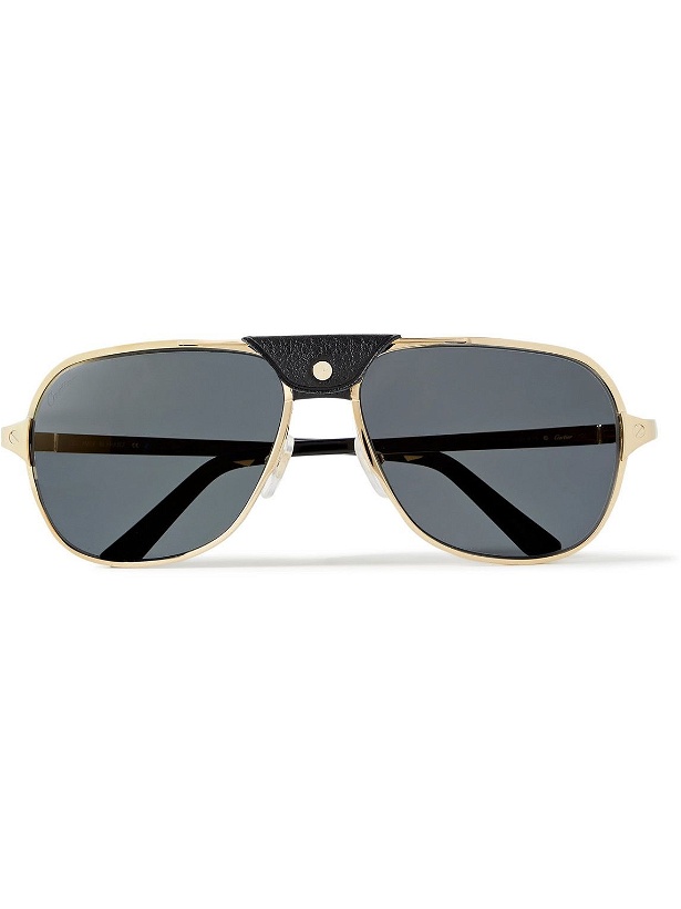 Photo: Cartier Eyewear - Aviator-Style Leather-Trimmed Gold-Tone Sunglasses