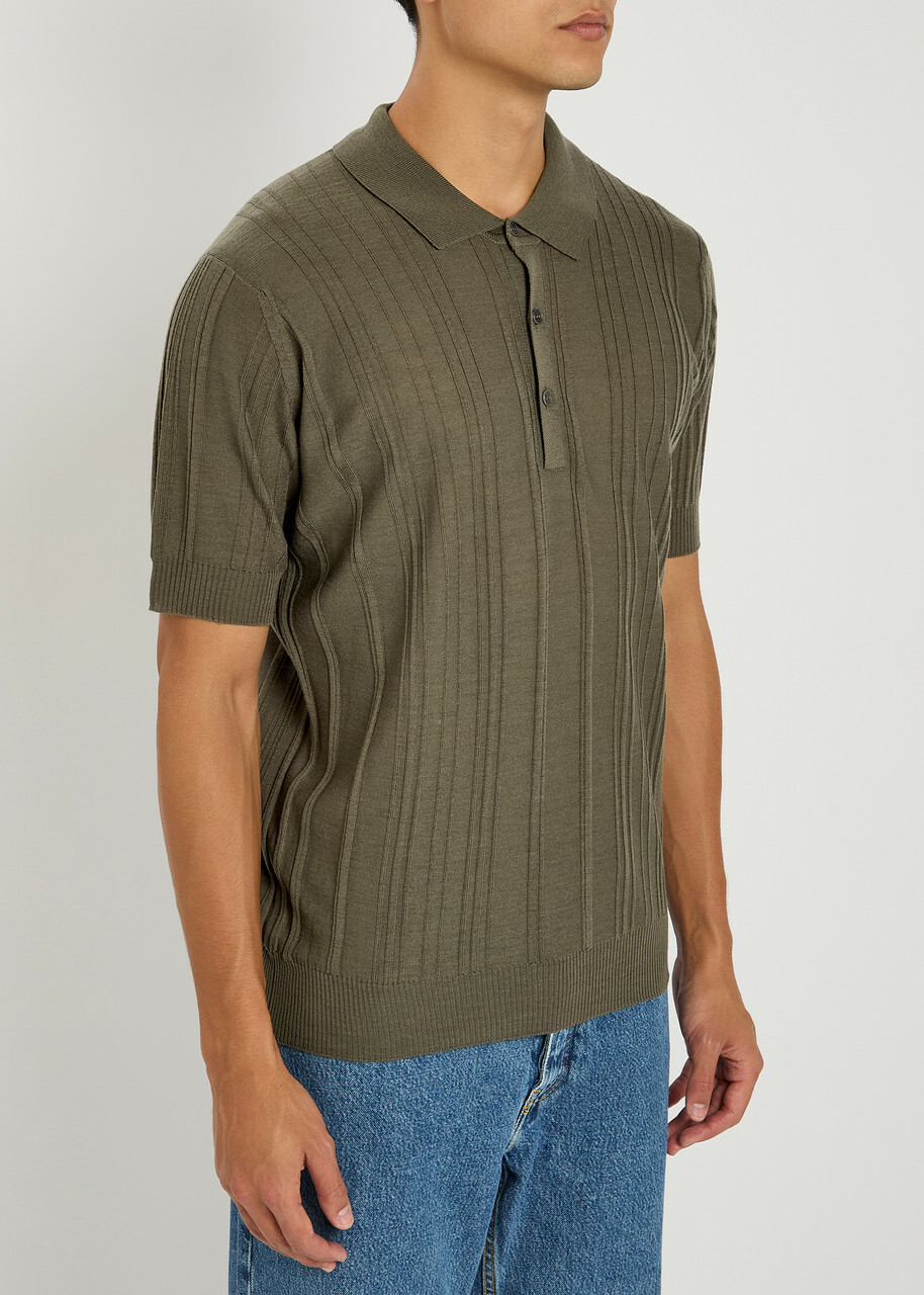 John Smedley Jaxen Ribbed Wool Polo Shirt Khaki John Smedley