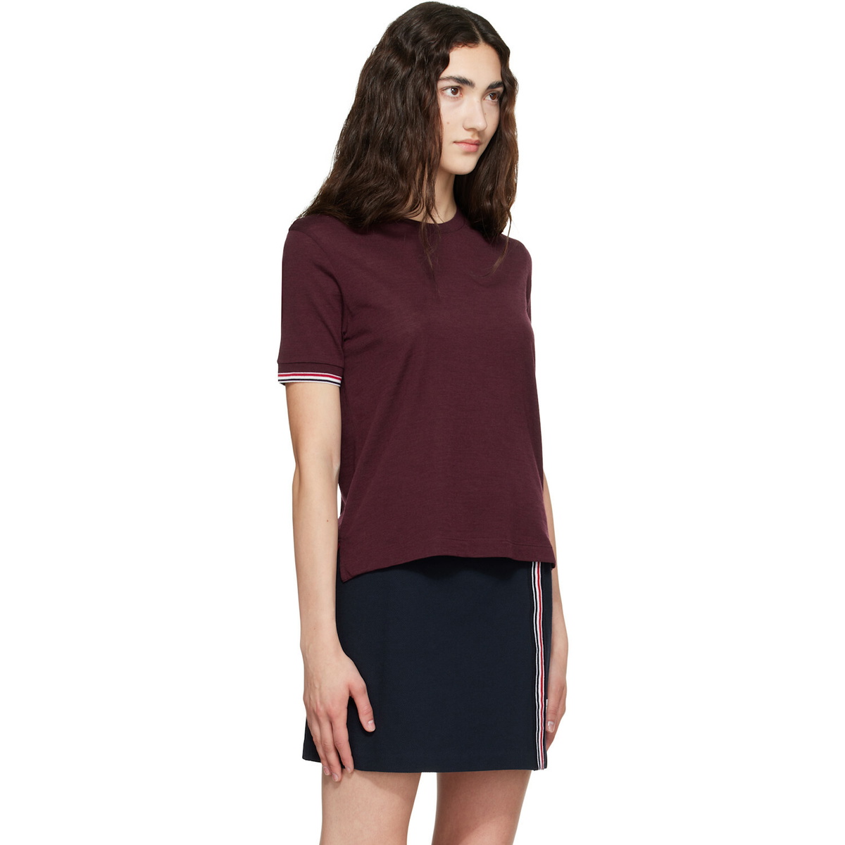 Thom Browne Burgundy Rib Cuff RWB Tipping Wool Jersey T-shirt