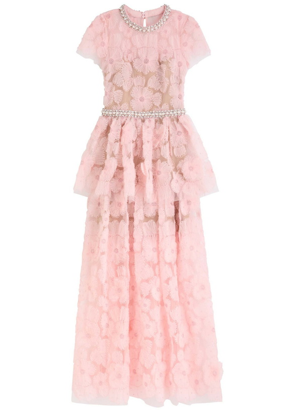 Photo: Self-portrait Embellished Floral Tulle Maxi Dress Pink