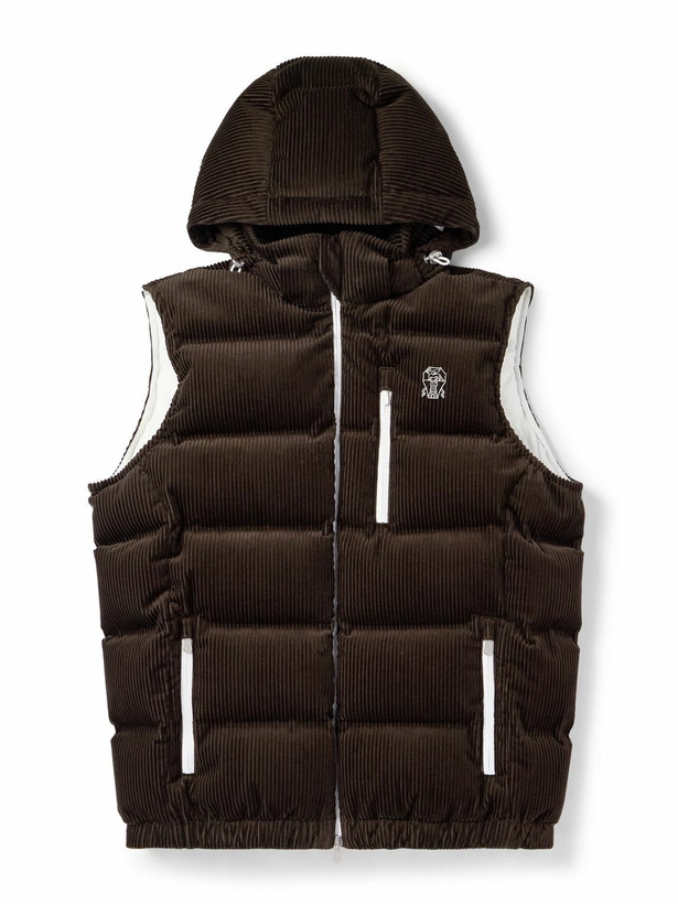 Photo: Brunello Cucinelli - Logo-Embroidered Quilted Padded Cotton-Corduroy Hooded Down Gilet - Brown