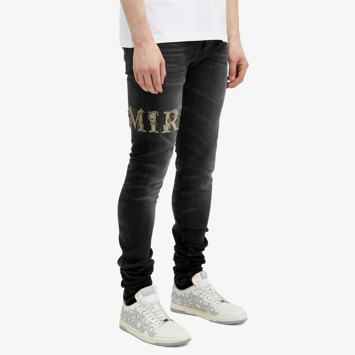 AMIRI Men's Baroque Varsity Logo Jeans in Faded Black Amiri AMIRI Men's Baroque Varsity Logo Jeans in Faded Black Amiri