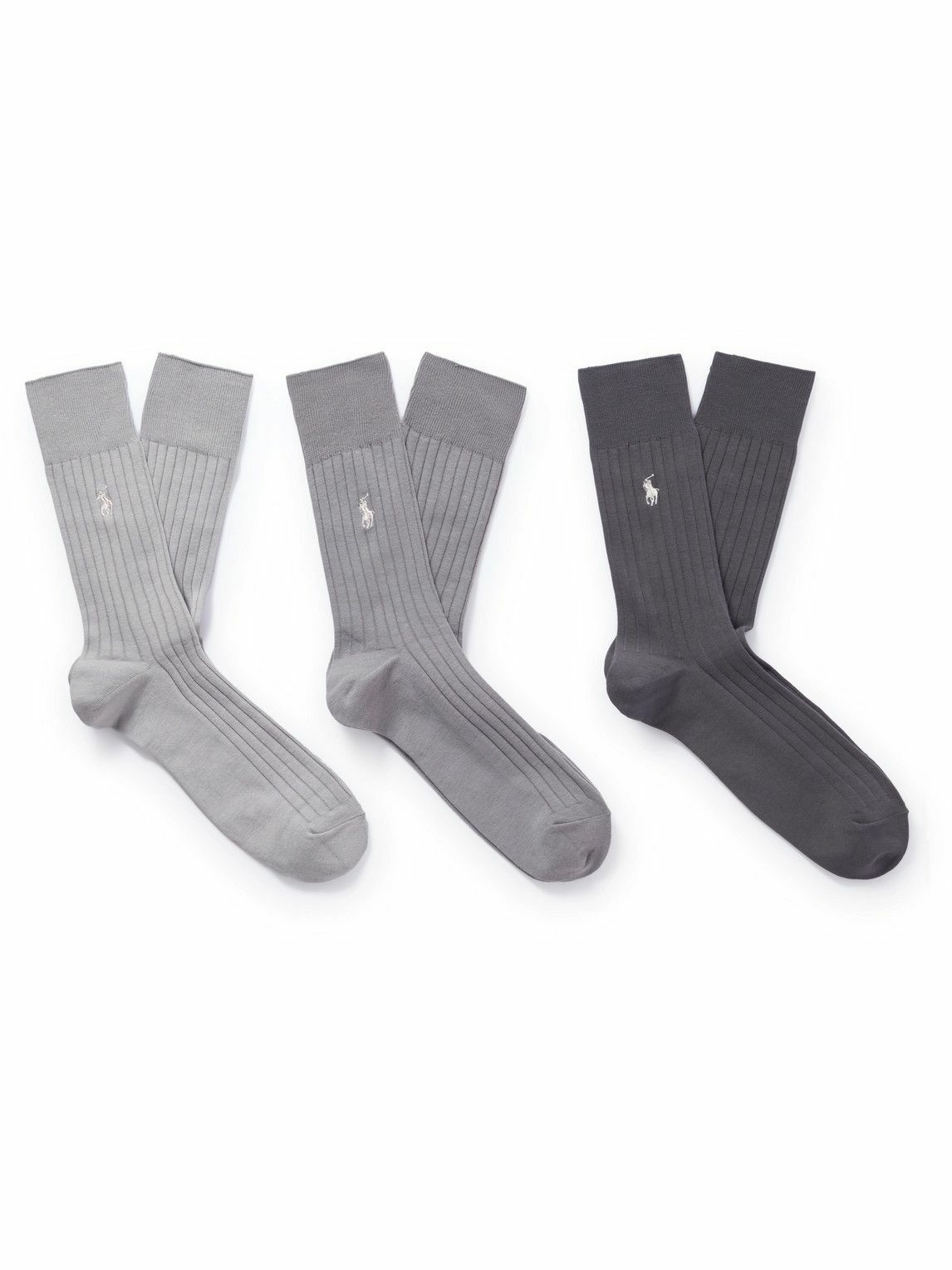 Photo: Polo Ralph Lauren - Three-Pack Logo-Embroidered Ribbed Cotton-Blend Socks - Gray