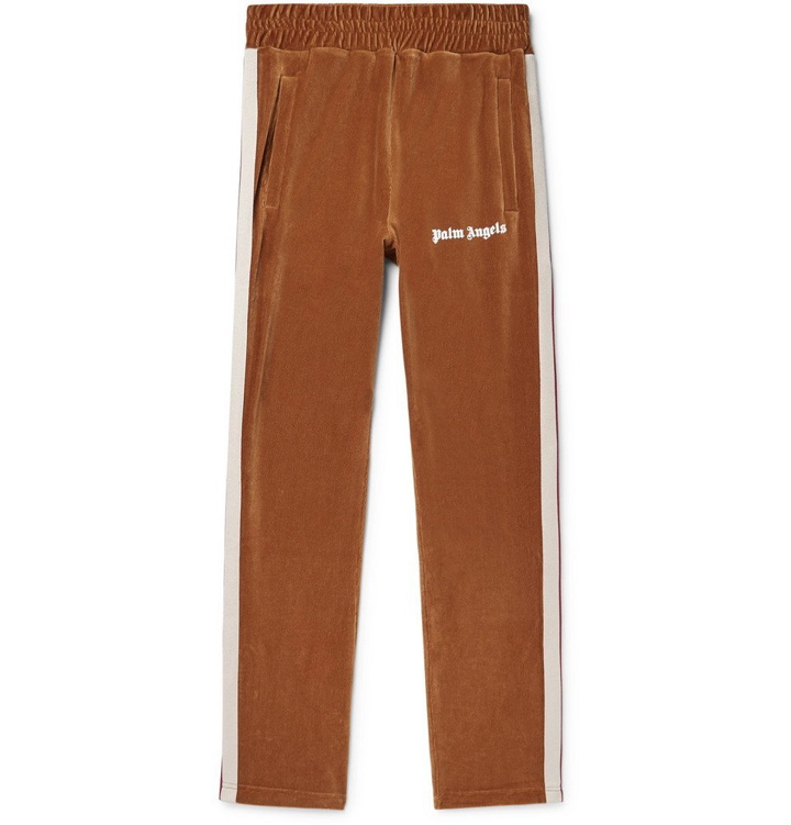 Photo: Palm Angels - Webbing-Trimmed Logo-Print Cotton-Blend Corduroy Sweatpants - Men - Tan