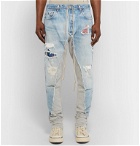 Greg Lauren - Tapered Cotton Twill-Panelled Mélange Loopback Jersey Sweatpants - Blue