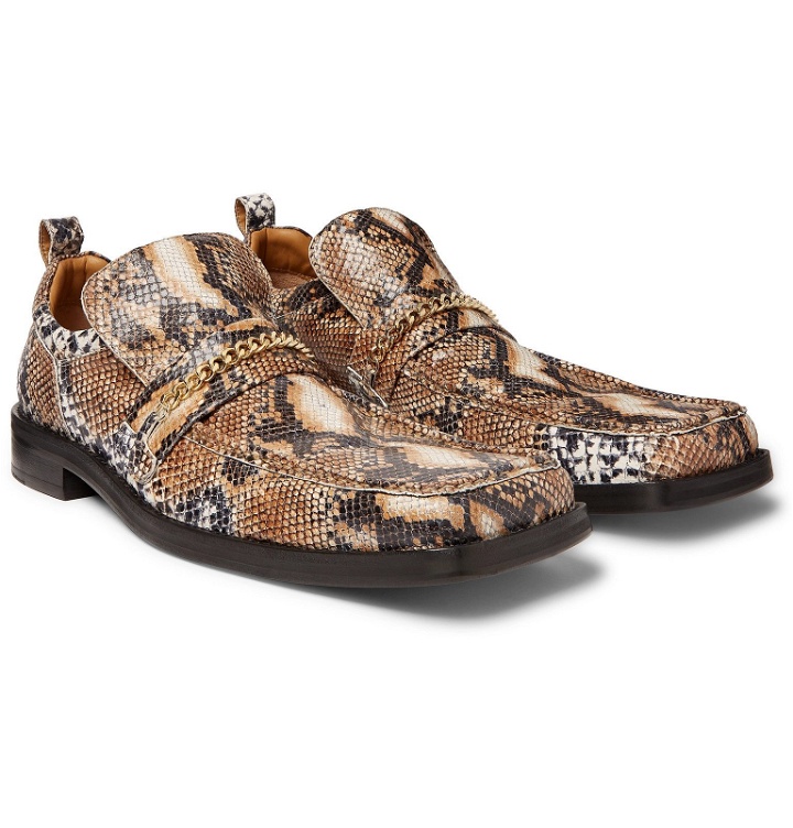 Photo: Martine Rose - Chain-Trimmed Snake-Effect Leather Loafers - Brown
