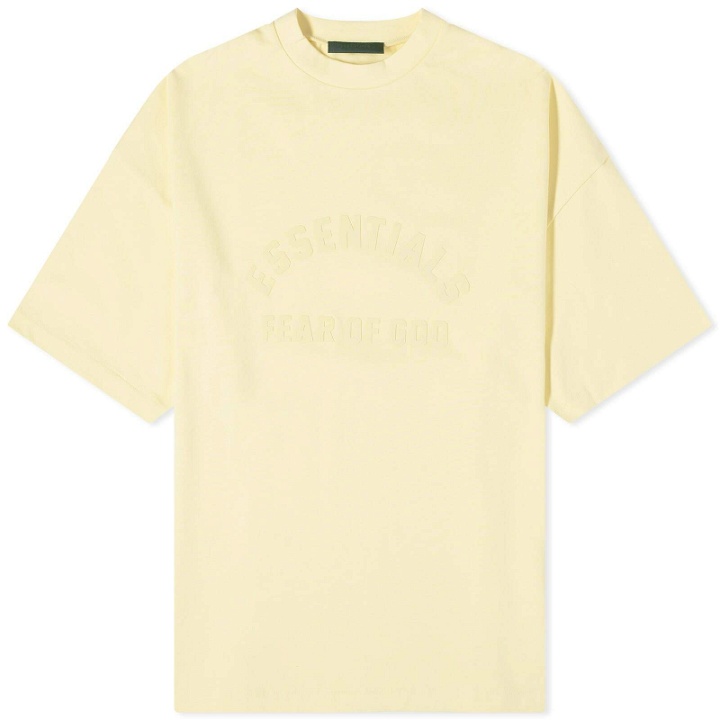 Photo: Fear of God ESSENTIALS Men's Spring Printed Logo T-Shirt in Garden Yellow