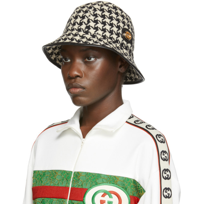 GUCCI TWEED WOOL HOUNDSTOOTH LOGO GG BUCKET FEDORA HAT Gucci Houndstooth Wool Fedora With Interlocking G  main image 3