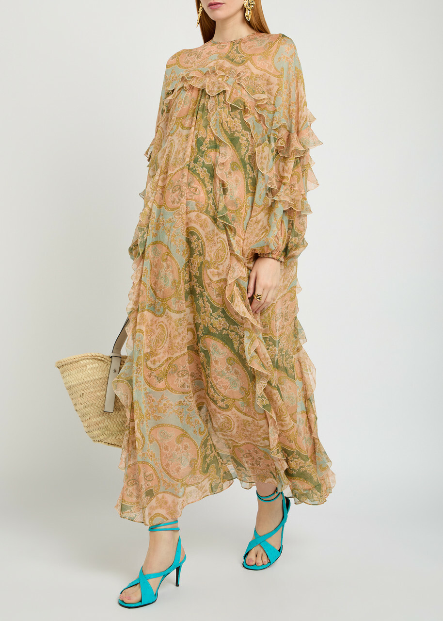 Zimmermann Luna Flutter Paisley Ruffled Silk Midi Dress Sage