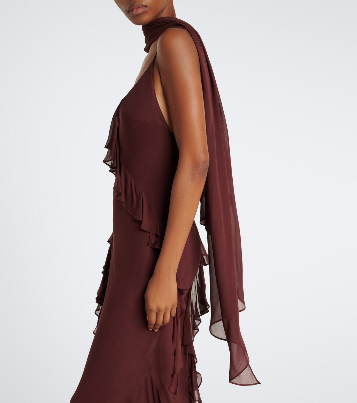 De La Vali Mayara ruffled scarf-detail georgette gown