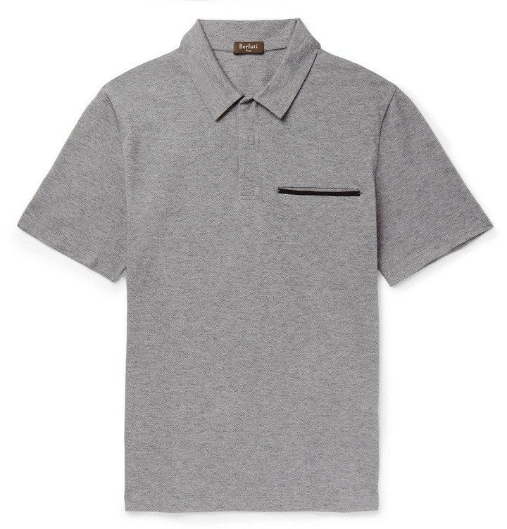Photo: Berluti - Leather-Trimmed Cotton, Wool and Cashmere-Blend Piqué Polo Shirt - Men - Gray