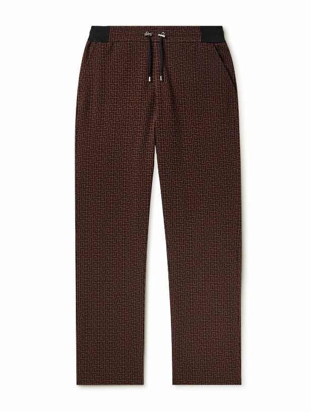 Photo: Balmain - Straight-Leg Logo-Jacquard Stretch-Cotton Jersey Sweatpants - Brown