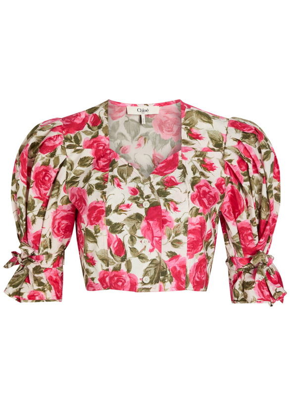 Photo: Chloe Floral-print Cotton-poplin Cropped Blouse Pink