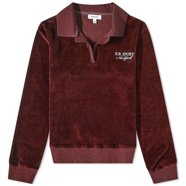 Photo: Sporty & Rich Long Sleeve Amamda Velour Polo Shirt in Merlot/White