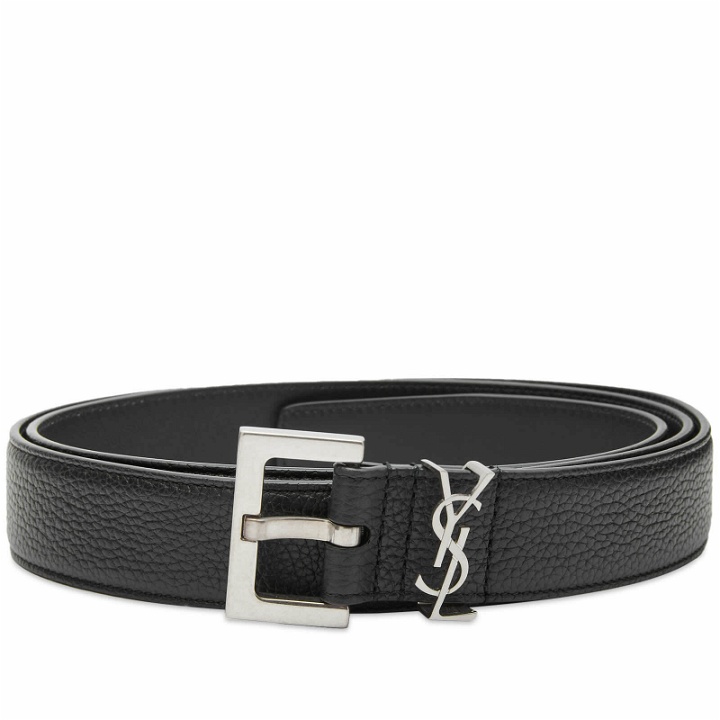 Photo: Saint Laurent Men's Metal Logo Grain Leather Belt in Black/Silver