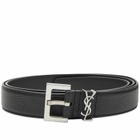 Saint Laurent Men's Metal Logo Grain Leather Belt in Black/Silver