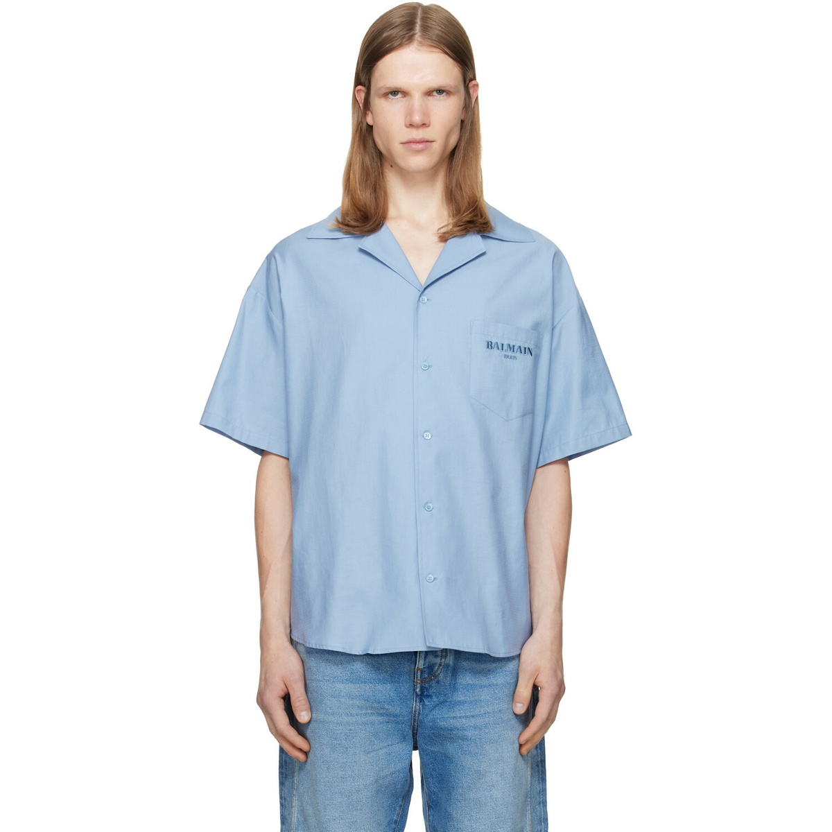BALMAIN Blue Herringbone Poplin Short Sleeve Shirt