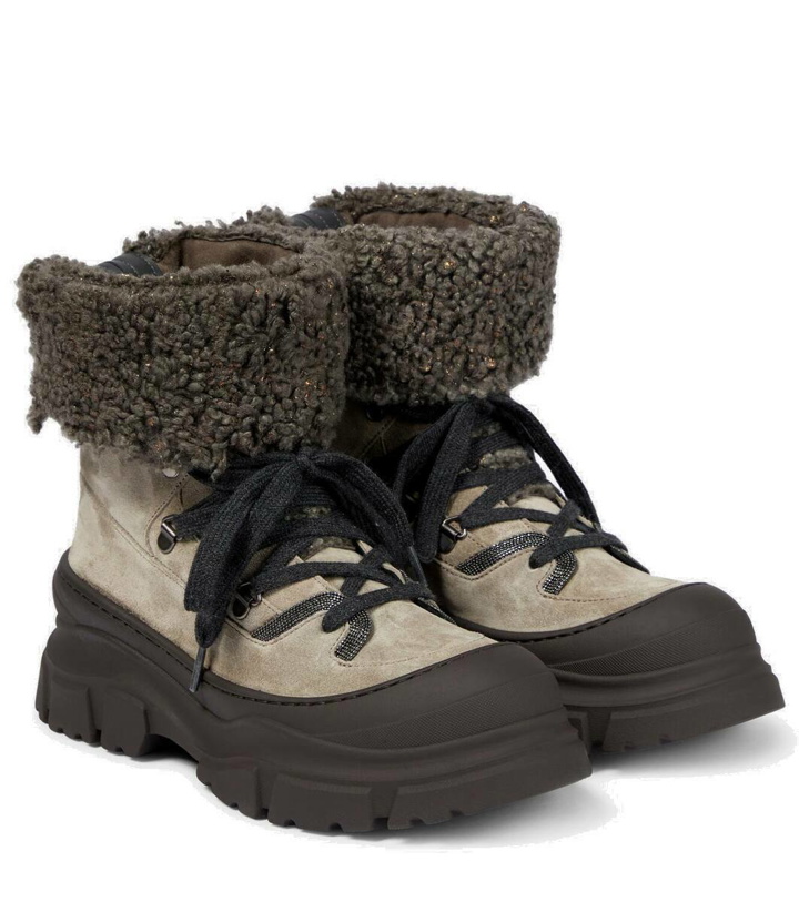 Photo: Brunello Cucinelli Shearling-trimmed suede combat boots