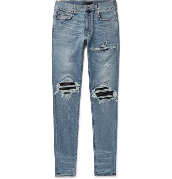 Photo: AMIRI - MX1 Skinny-Fit Leather-Panelled Distressed Stretch-Denim Jeans - Mid denim