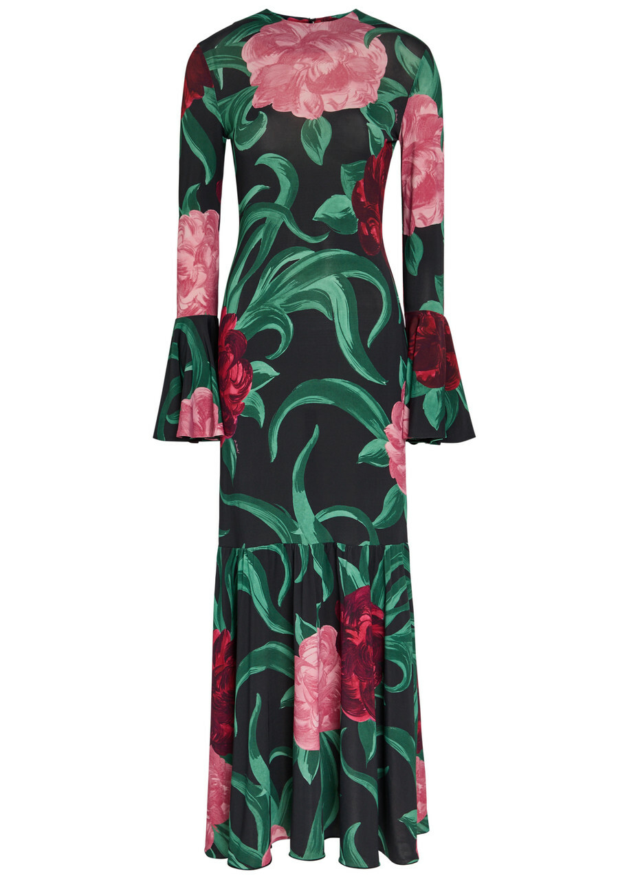 LA Double J Alba Floral-print Stretch-jersey Maxi Dress Black