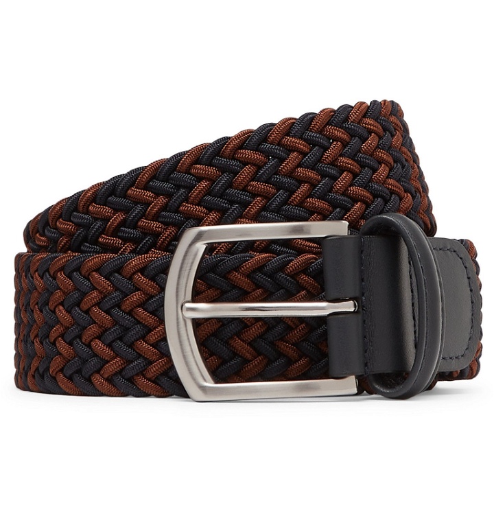 Photo: Anderson's - 3.5cm Navy Leather-Trimmed Woven Elastic Belt - Blue