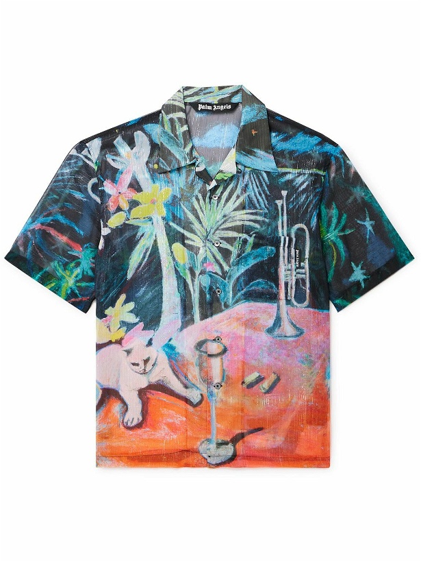 Photo: Palm Angels - Oil On Canvas Convertible-Collar Printed Metallic Voile Shirt - Blue