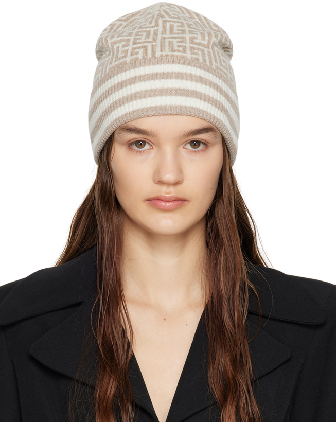 Photo: Balmain White & Beige Monogram Beanie