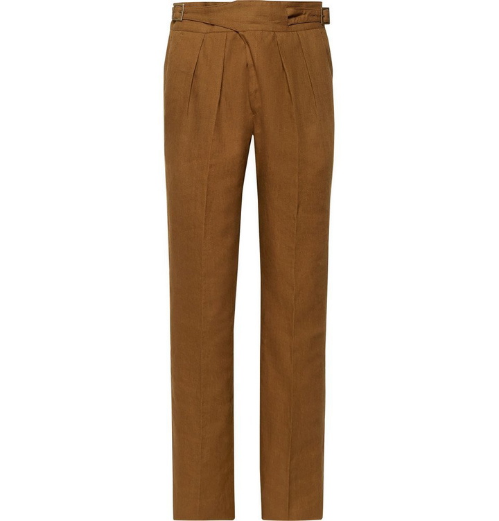 Photo: Rubinacci - Manny Tapered Pleated Linen Trousers - Brown