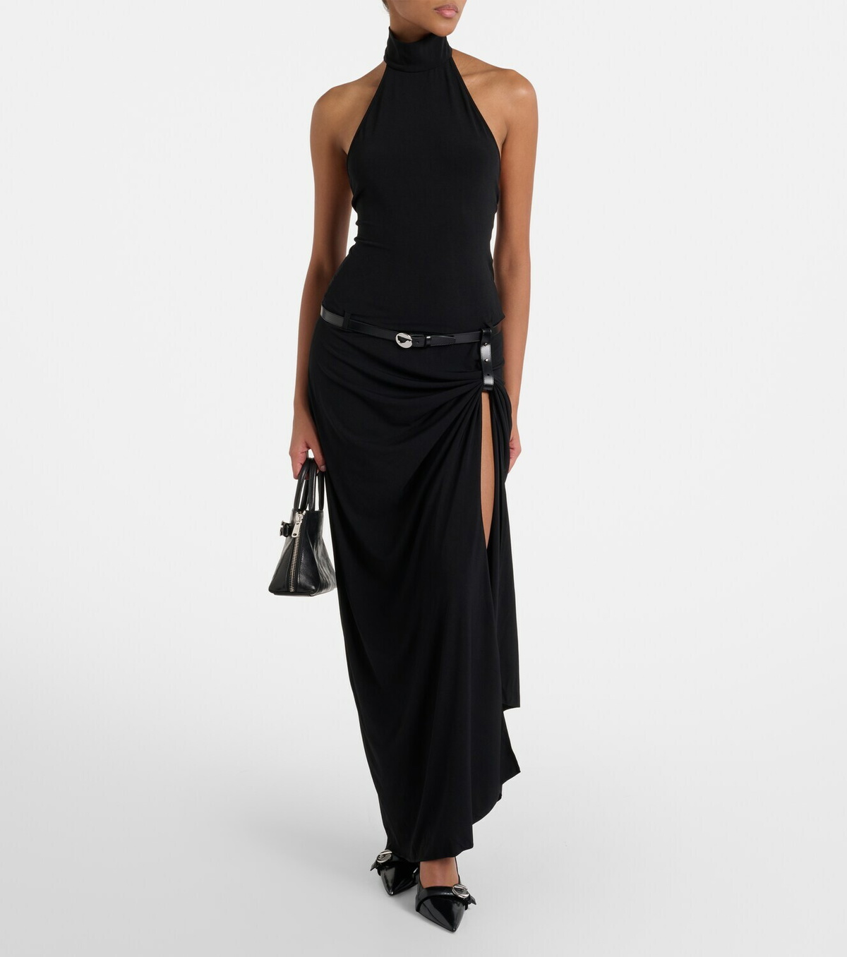 Coperni Belted asymmetric draped halterneck maxi dress