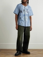 Greg Lauren - Frayed Appliquéd Embroidered Distressed Denim Shirt - Blue