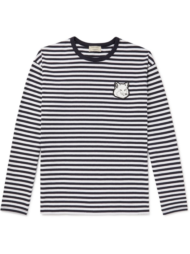 Photo: MAISON KITSUNÉ - Logo-Appliquéd Striped Cotton-Jersey T-Shirt - Blue - S