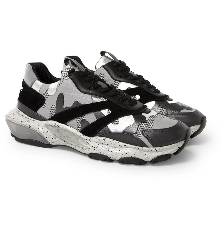 Photo: Valentino - Valentino Garavani Bounce Leather, Suede and Mesh Sneakers - Men - Silver