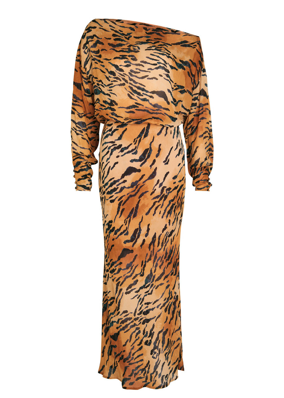 Never Fully Dressed Tilly Tiger-print Chiffon Midi Dress Brown