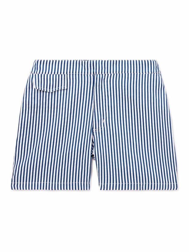 Photo: Incotex - Straight-Leg Mid-Length Logo-Appliquéd Striped Swim Shorts - Blue
