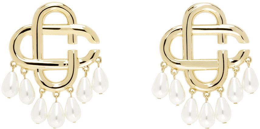 Casablanca Gold Pearl Drop Logo Earrings