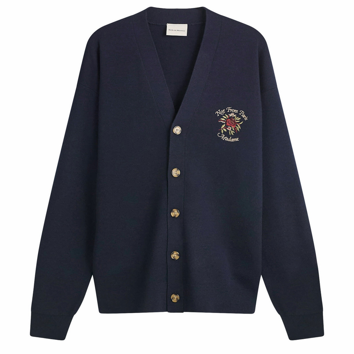 Drôle de Monsieur Men's Rose Slogan Cardigan in Navy