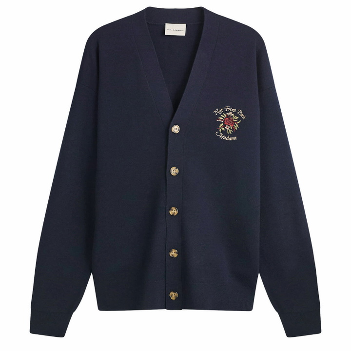 Photo: Drôle de Monsieur Men's Rose Slogan Cardigan in Navy