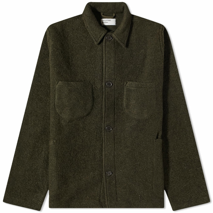 Photo: Universal Works Men's Wool Fleece Lumber Jacket in Olive