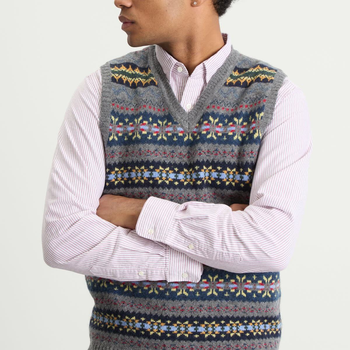 Beams Plus Men's Fair Isle Knit Vest in Grey
